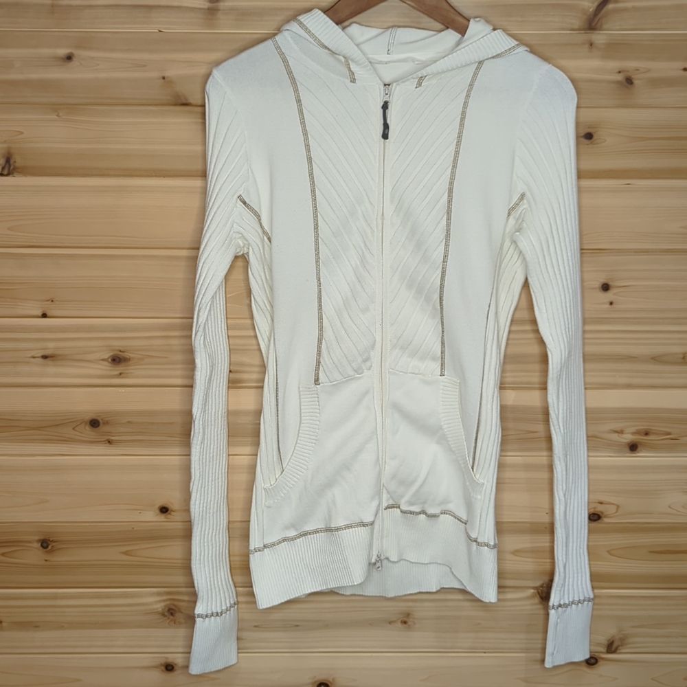 Athleta Full Zip Ribbed Sweater Cardigan Hooded Off-White Size XL